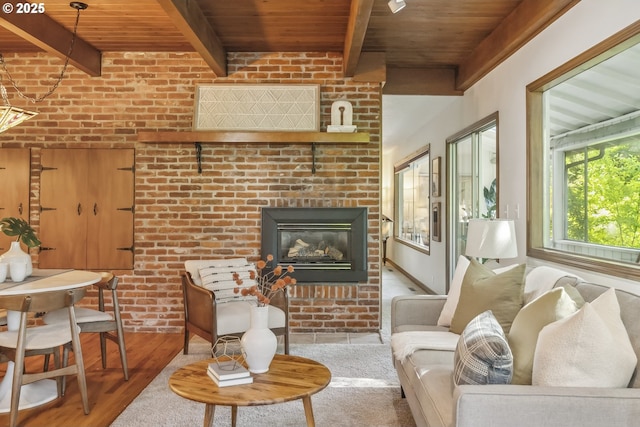 10776 SE Idleman Rd, Happy Valley, OR 97086 - living room featuring wood ceiling with exposed beams, wood finished floors, and a fireplace