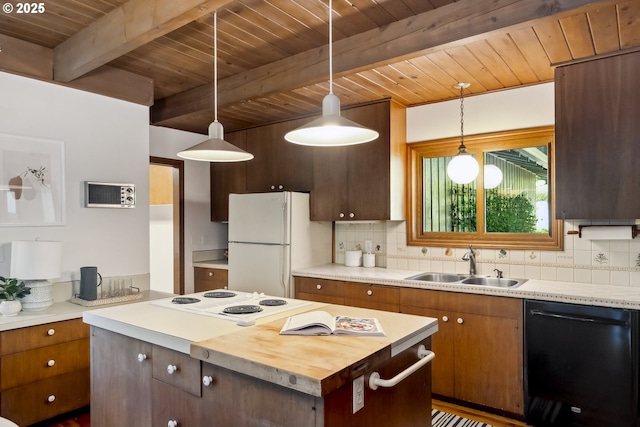 10776 SE Idleman Rd, Happy Valley, OR 97086 - kitchen with white appliances, wood ceiling with exposed beams, a sink, backsplash, and hanging light fixtures