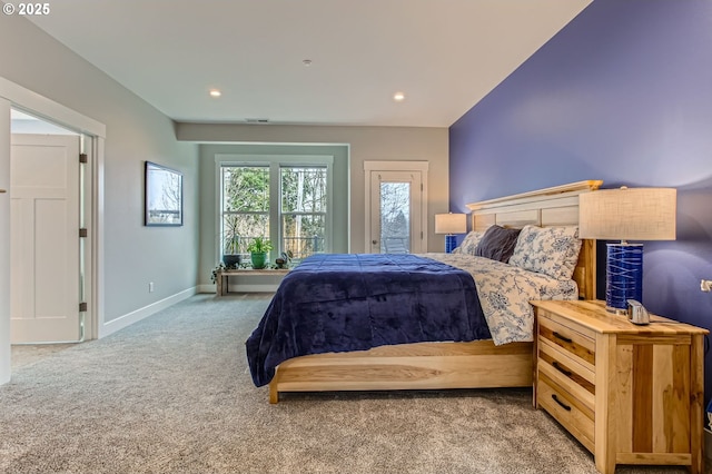 bedroom with carpet flooring, visible vents, baseboards, access to outside, and recessed lighting