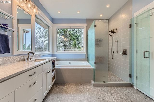 1543 SW Walters Loop, Gresham, OR 97080 - bathroom featuring a stall shower, vanity, a bath, and recessed lighting