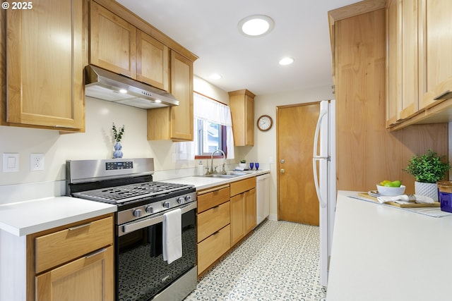 7430 N Burr Ave, Portland, OR 97203 - kitchen with white appliances, under cabinet range hood, a sink, light flooring, and light brown cabinets