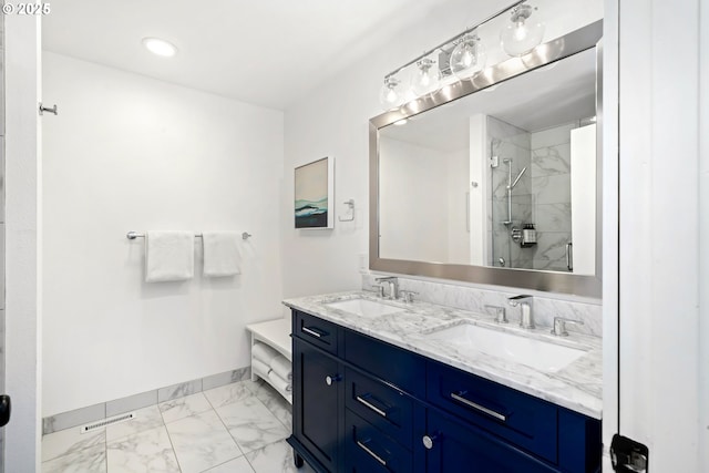 90 Beach Dr, Manzanita, OR 97130 - full bathroom with marble look tiles, double vanity, a tile shower, and recessed lighting