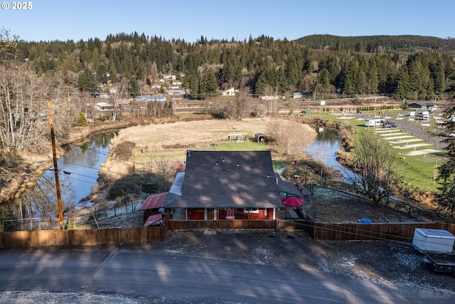 bird's eye view with a water view