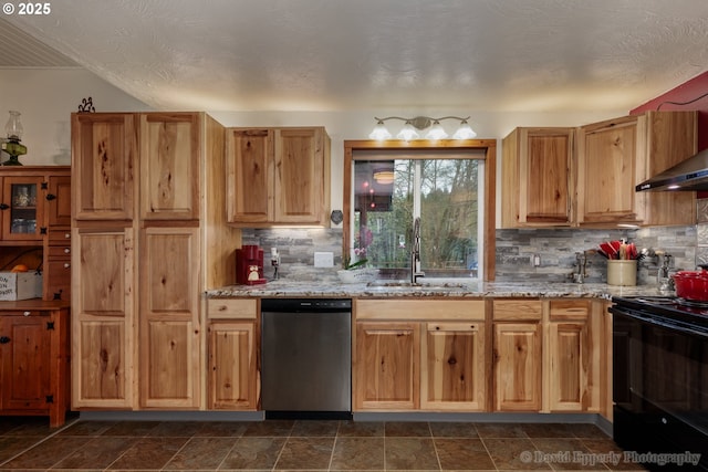 kitchen featuring light stone countertops, dishwasher, black / electric stove, sink, and backsplash