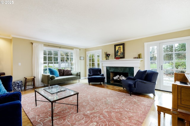 living room featuring ornamental molding, wood finished floors, and a high end fireplace