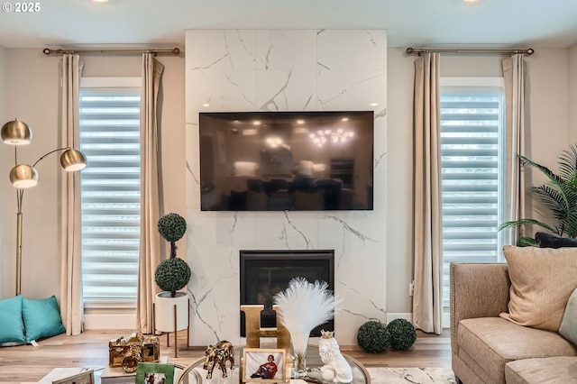 living room featuring a high end fireplace and wood finished floors