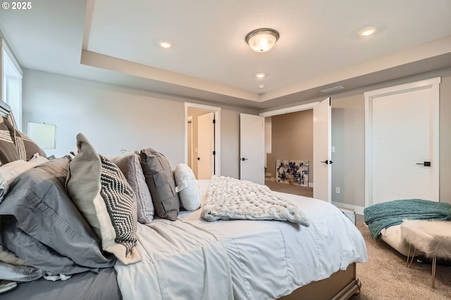 bedroom with recessed lighting, baseboards, and carpet flooring