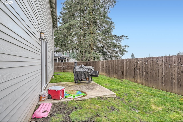 view of yard with a patio area and a fenced backyard