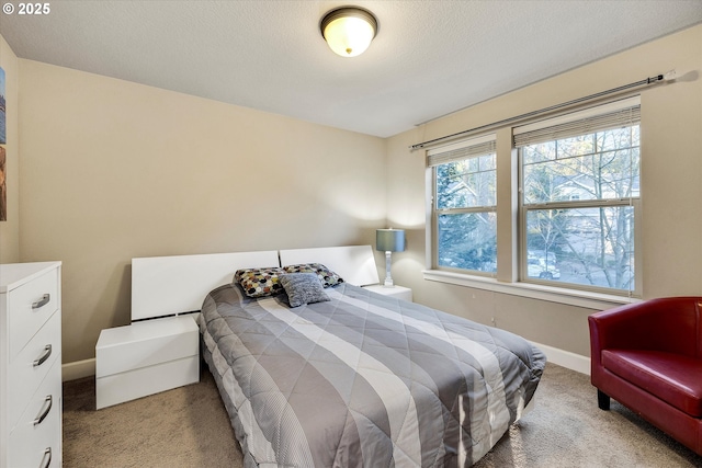 carpeted bedroom with a textured ceiling