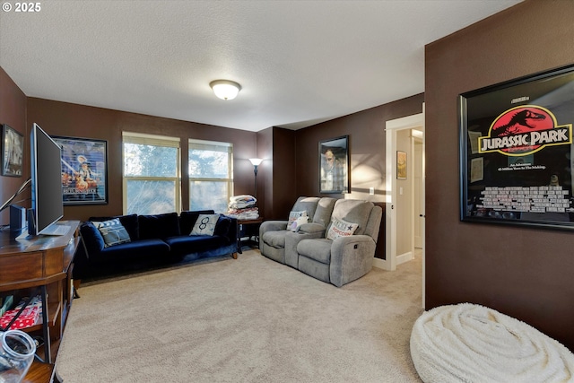 living room with light colored carpet and a textured ceiling