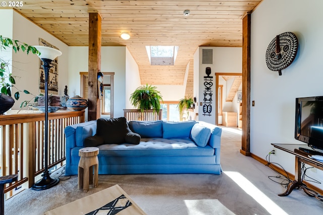 living room featuring carpet floors, a skylight, and wooden ceiling