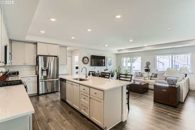 kitchen with appliances with stainless steel finishes, open floor plan, a tray ceiling, light countertops, and a sink