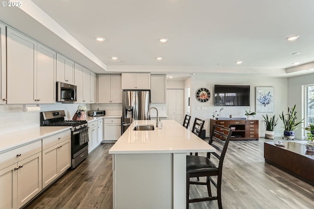 kitchen featuring stainless steel appliances, dark wood-type flooring, a sink, and an island with sink