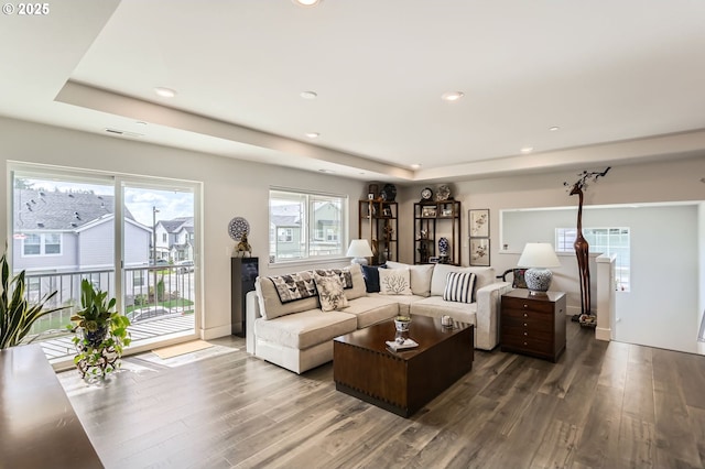 living room featuring a tray ceiling, wood finished floors, and a healthy amount of sunlight