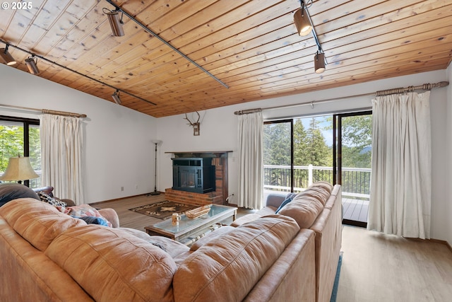 272 Whipple Tree Dr, Yoncalla, OR 97499 - living area with wood ceiling, rail lighting, wood finished floors, vaulted ceiling, and a fireplace