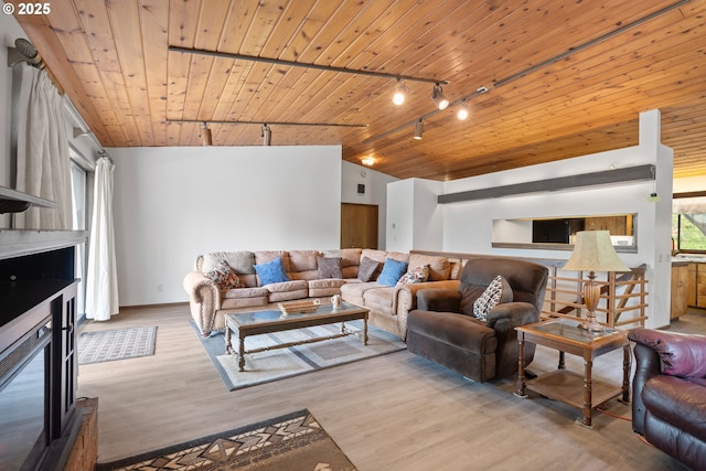 272 Whipple Tree Dr, Yoncalla, OR 97499 - living area featuring track lighting, wooden ceiling, wood finished floors, lofted ceiling, and baseboards