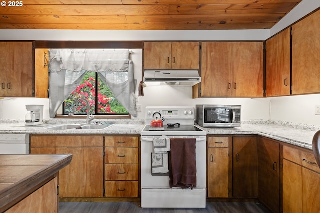 272 Whipple Tree Dr, Yoncalla, OR 97499 - kitchen featuring ventilation hood, white appliances, a sink, dark wood finished floors, and wooden ceiling