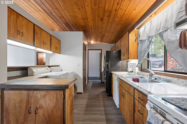 272 Whipple Tree Dr, Yoncalla, OR 97499 - kitchen featuring washing machine and dryer, a sink, wood ceiling, dishwasher, and dark wood-type flooring