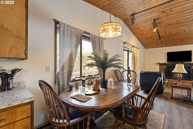 272 Whipple Tree Dr, Yoncalla, OR 97499 - dining space with rail lighting, wooden ceiling, lofted ceiling, wood finished floors, and a chandelier