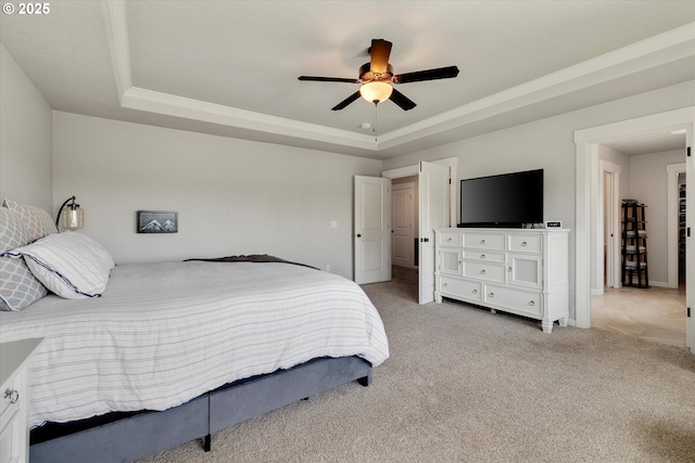 12241 Mimosa Way, Oregon City, OR 97045 - bedroom with a tray ceiling, light carpet, ceiling fan, and crown molding