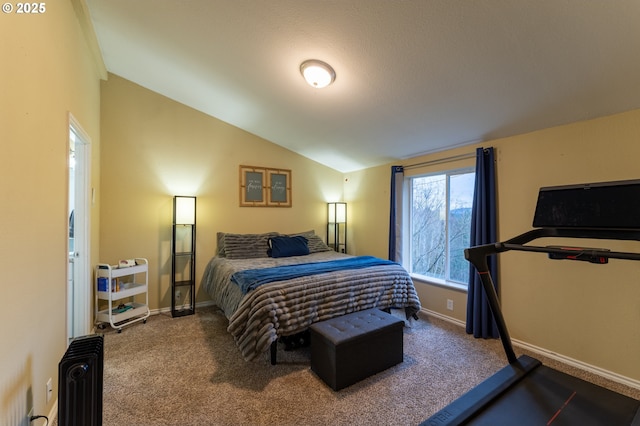 carpeted bedroom with radiator heating unit and lofted ceiling