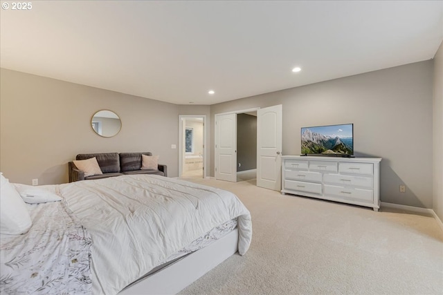 carpeted bedroom featuring recessed lighting and baseboards