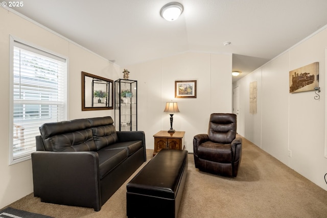 living room with lofted ceiling, carpet, and crown molding