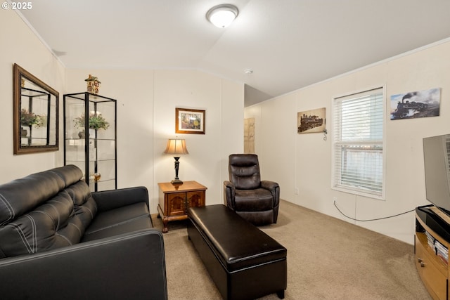 living area featuring lofted ceiling, light carpet, and crown molding