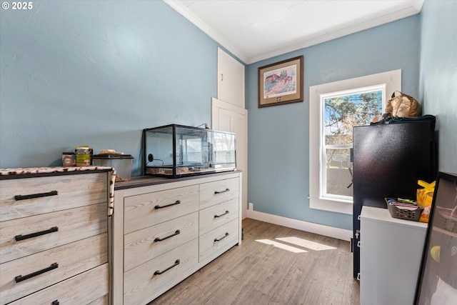interior space with crown molding, light wood-style flooring, and baseboards