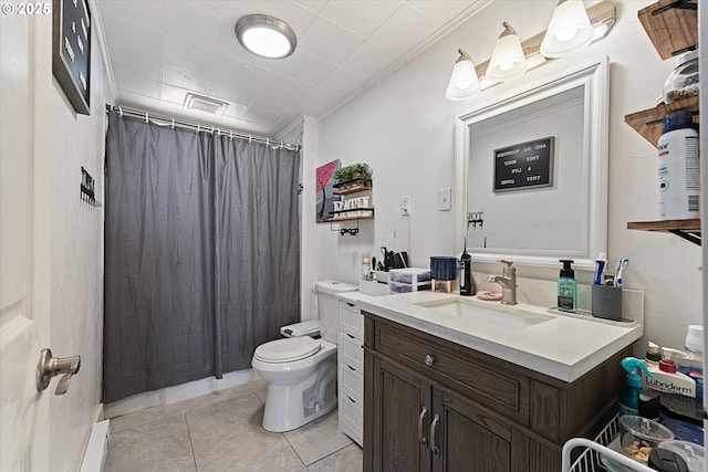 bathroom featuring tile patterned flooring, vanity, toilet, a shower with curtain, and visible vents