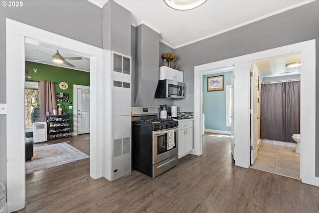 kitchen featuring white cabinetry, appliances with stainless steel finishes, and dark wood-style floors
