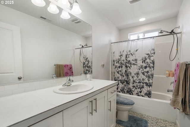 825 S 23rd Ave, Cornelius, OR 97113 - bathroom featuring vanity, shower / bath combo with shower curtain, toilet, and tile patterned floors