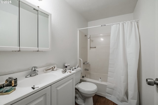 full bathroom featuring shower / bathtub combination with curtain, wood-type flooring, vanity, and toilet