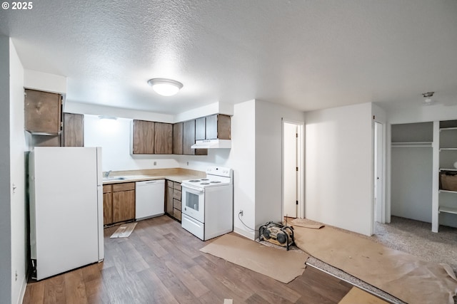 kitchen featuring white appliances, light wood-type flooring, sink, and a textured ceiling