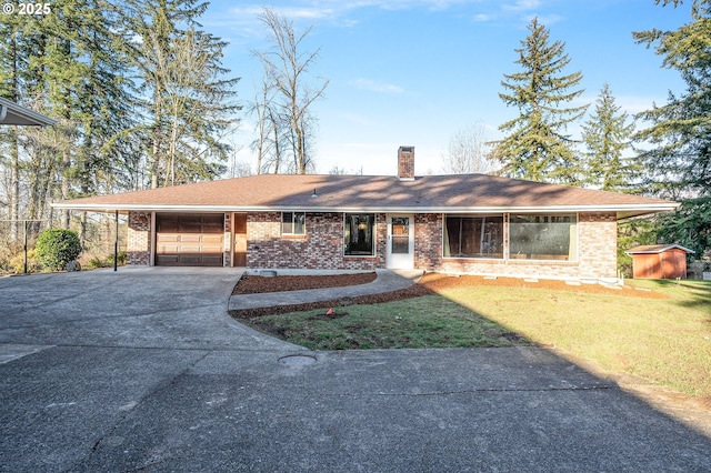 ranch-style house with a carport and a front lawn