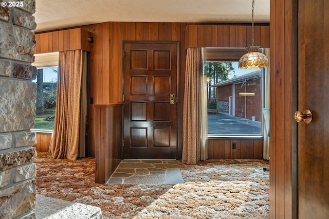 foyer entrance with a wealth of natural light and wood walls