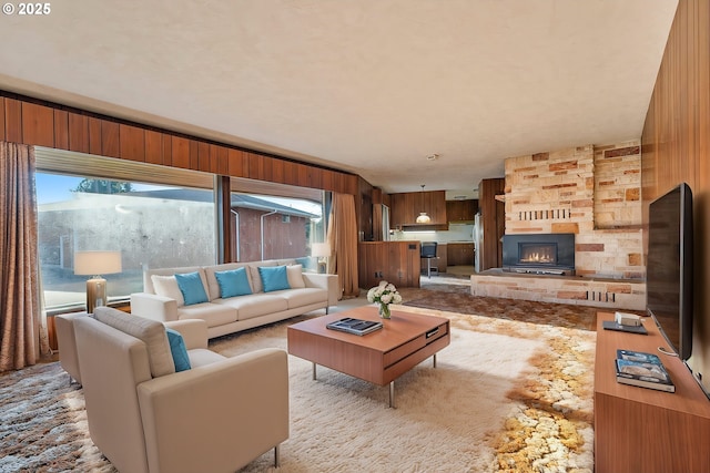 carpeted living room featuring a large fireplace and wood walls