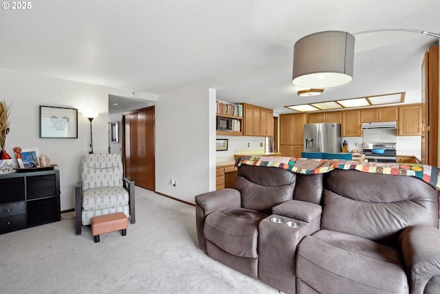 living room with light carpet and baseboards