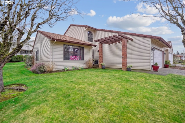 exterior space with a garage, a tiled roof, a lawn, and a pergola