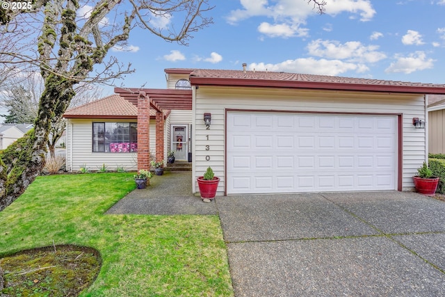 single story home with a garage, driveway, and a front lawn