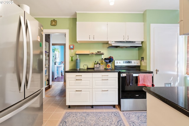 2406 SE 30th Ave, Portland, OR 97214 - kitchen with appliances with stainless steel finishes, under cabinet range hood, crown molding, white cabinets, and dark countertops
