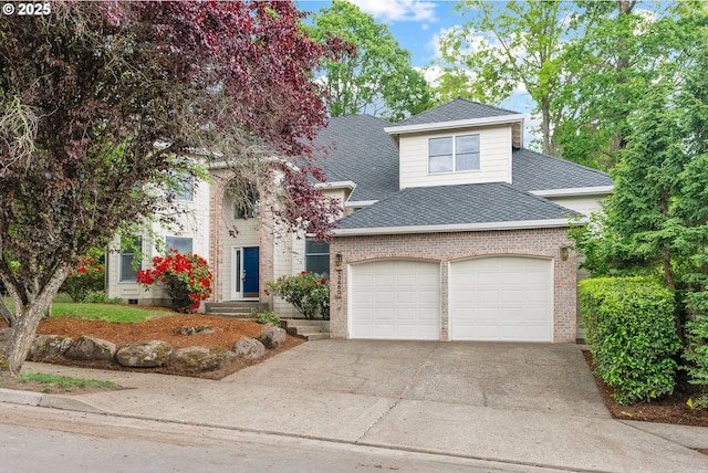 13460 Snowberry Ct, Lake Oswego, OR 97035 - view of front facade with a shingled roof, driveway, brick siding, and an attached garage