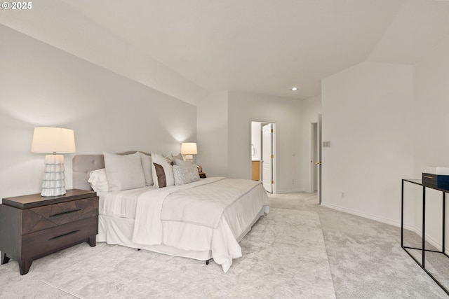 13460 Snowberry Ct, Lake Oswego, OR 97035 - bedroom featuring light colored carpet, baseboards, connected bathroom, recessed lighting, and vaulted ceiling