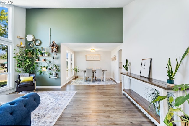2824 SE 13th Ct, Hillsboro, OR 97123 - living area with a towering ceiling, healthy amount of natural light, wood finished floors, and baseboards