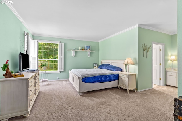 bedroom featuring light colored carpet, ornamental molding, and baseboards
