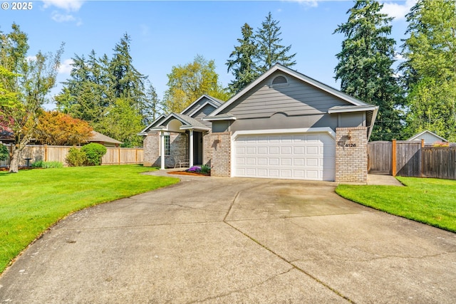 single story home with an attached garage, brick siding, fence, and a front yard