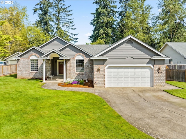 view of front of property with driveway, brick siding, and fence