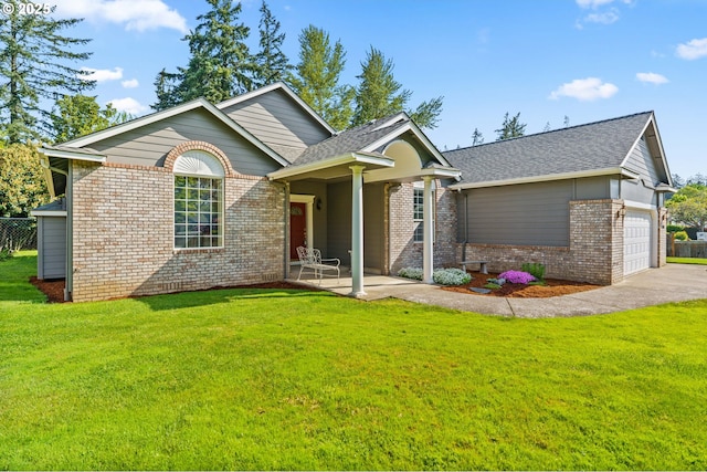 ranch-style house featuring an attached garage, brick siding, roof with shingles, and a front yard