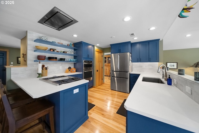 kitchen featuring a peninsula, a sink, appliances with stainless steel finishes, and blue cabinetry