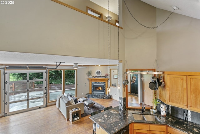 kitchen featuring high vaulted ceiling, a sink, light wood-type flooring, a glass covered fireplace, and open floor plan